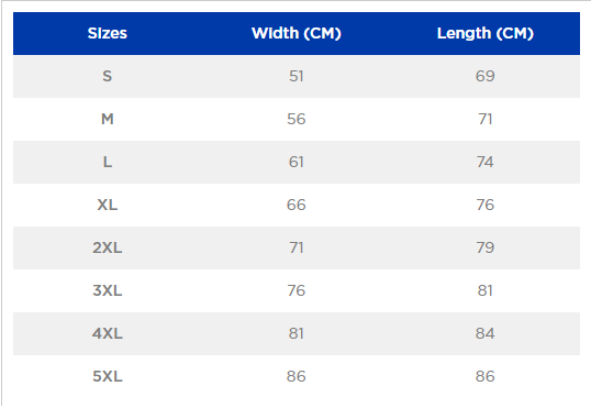 Table displaying size chart for width and length measurements in centimeters.