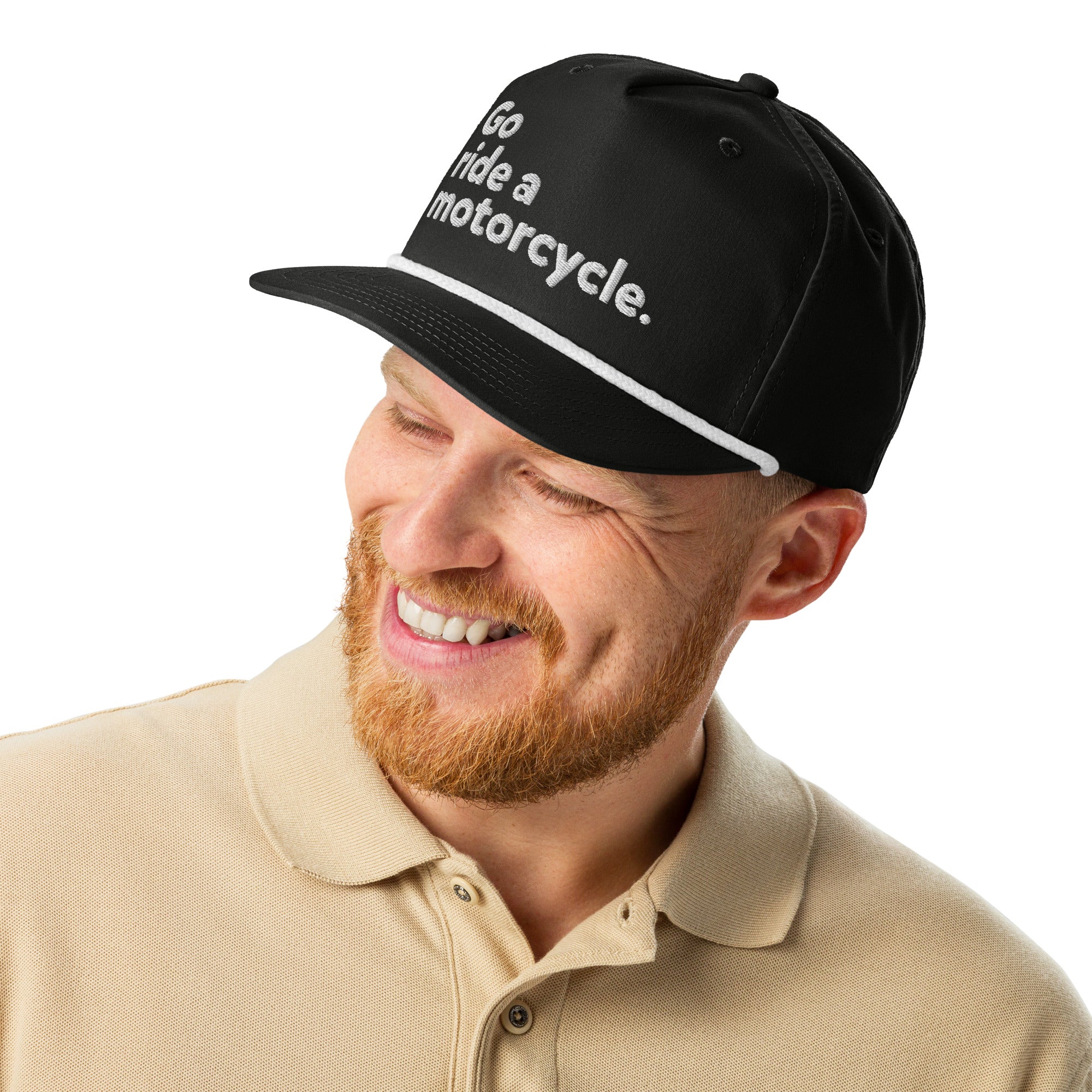 Man wearing a Go ride a motorcycle embroidered golf rope cap, b&w, snapback, adjustable, gifts for riders, gifts for motorcyclists