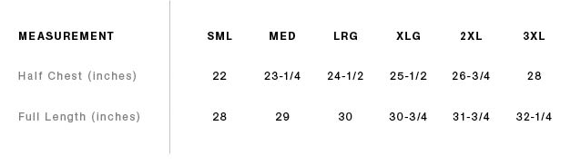 Size chart for Hooded Puffer Jacket