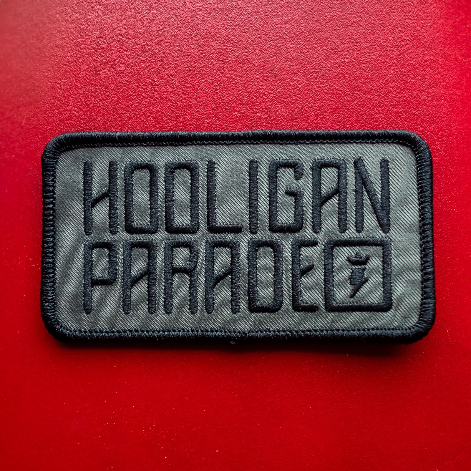 hooligan parade rectangle embroidered patch, original, hooligans, wheelie, skids, motorcycle, motorbikes, supermoto, supernaked, superbikes, crown moto