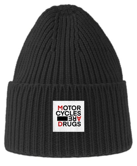 Ribbed knit beanie with "Motorcycles are drugs" patch sewn on cuff