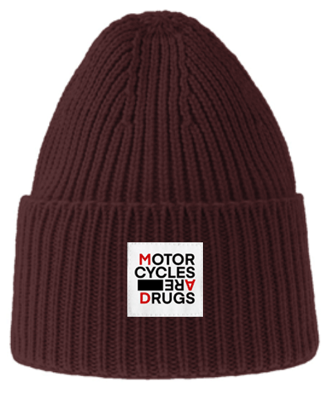 Ribbed knit beanie with "Motorcycles are drugs" patch sewn on cuff