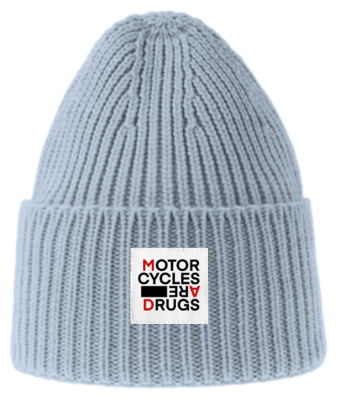 Ribbed knit beanie with "Motorcycles are drugs" patch sewn on cuff