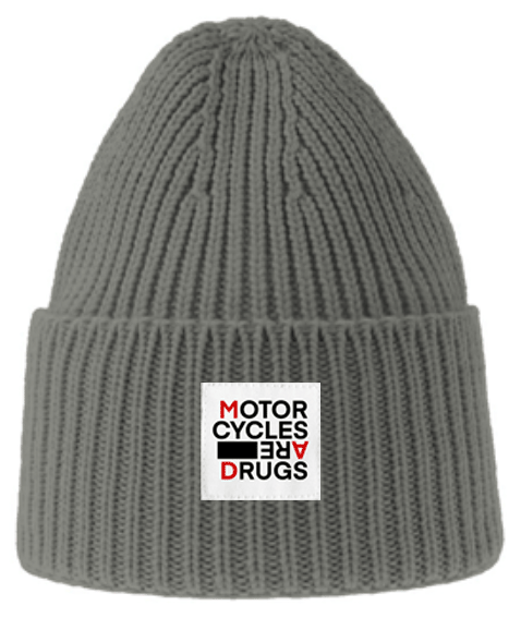 Ribbed knit beanie with "Motorcycles are drugs" patch sewn on cuff