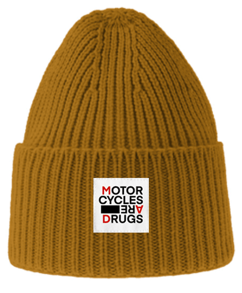 Ribbed knit beanie with "Motorcycles are drugs" patch sewn on cuff