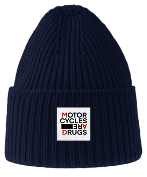 Ribbed knit beanie with "Motorcycles are drugs" patch sewn on cuff