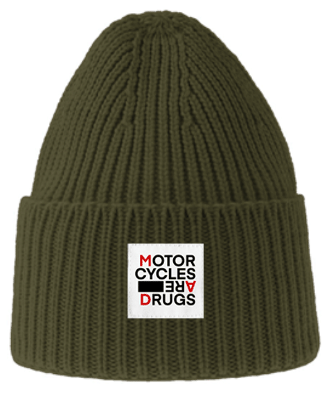 Ribbed knit beanie with "Motorcycles are drugs" patch sewn on cuff