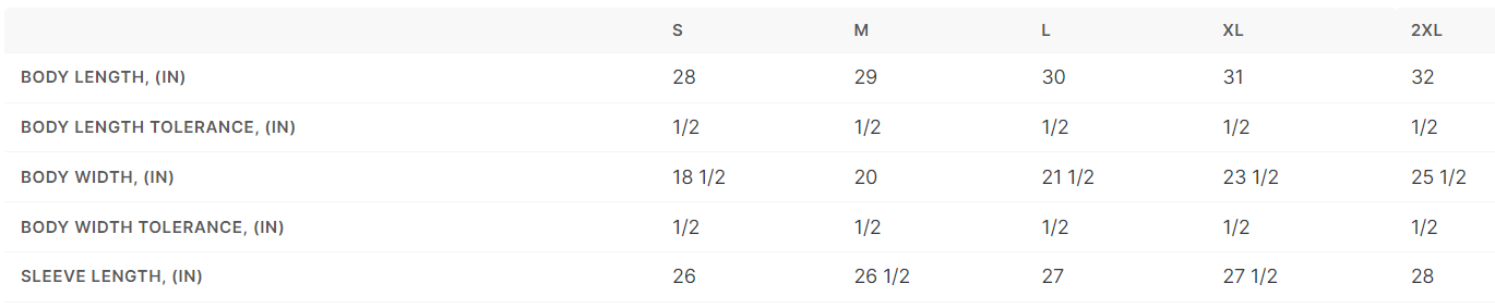 Next Level Men's Long Sleeve T-shirt Sizing