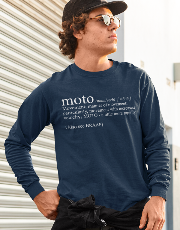 Man wearing long sleeve "moto definition" t-shirt from crown moto