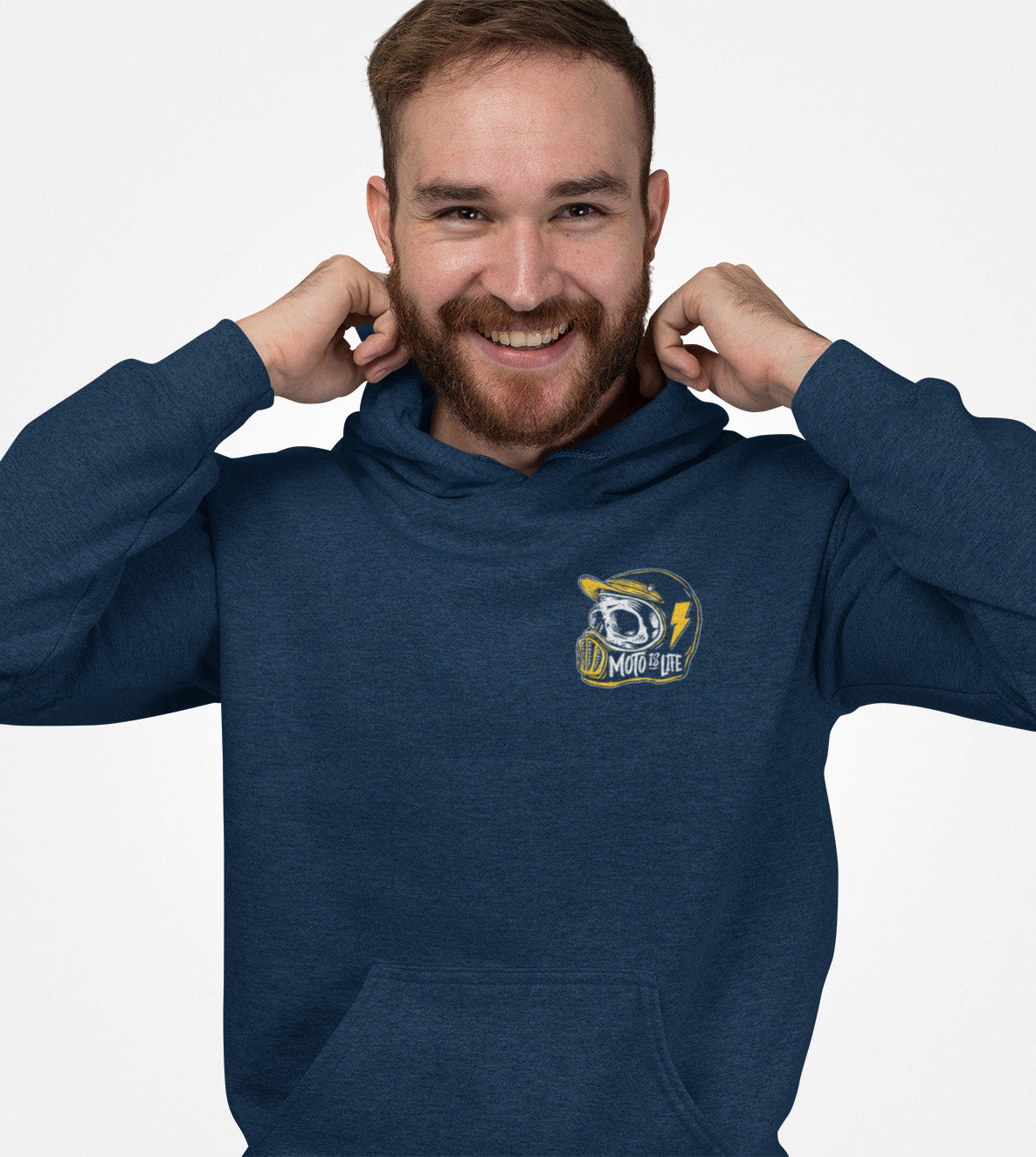 Man wearing a navy blue Moto is Life design hoodie by Crown Moto