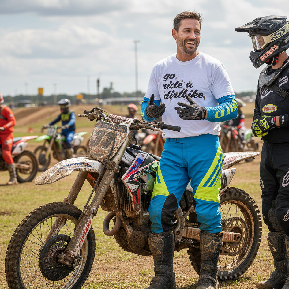 Man on a dirt bike with 'go ride a dirtbike' shirt at an outdoor motocross track.