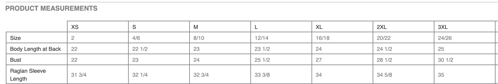 Quilted Jacket Size Chart