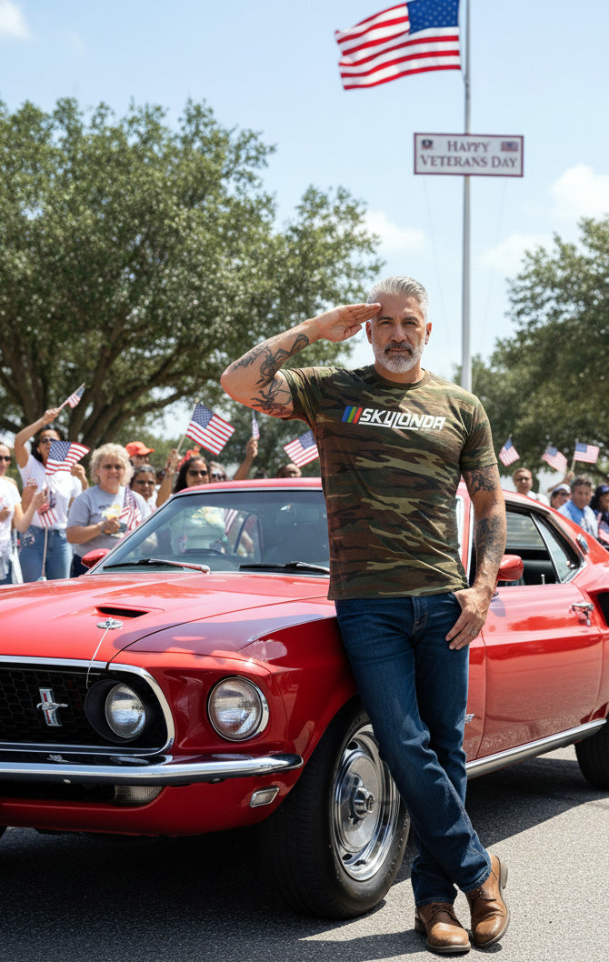 Man saluting in front of a red Mustang with an American flag in the background