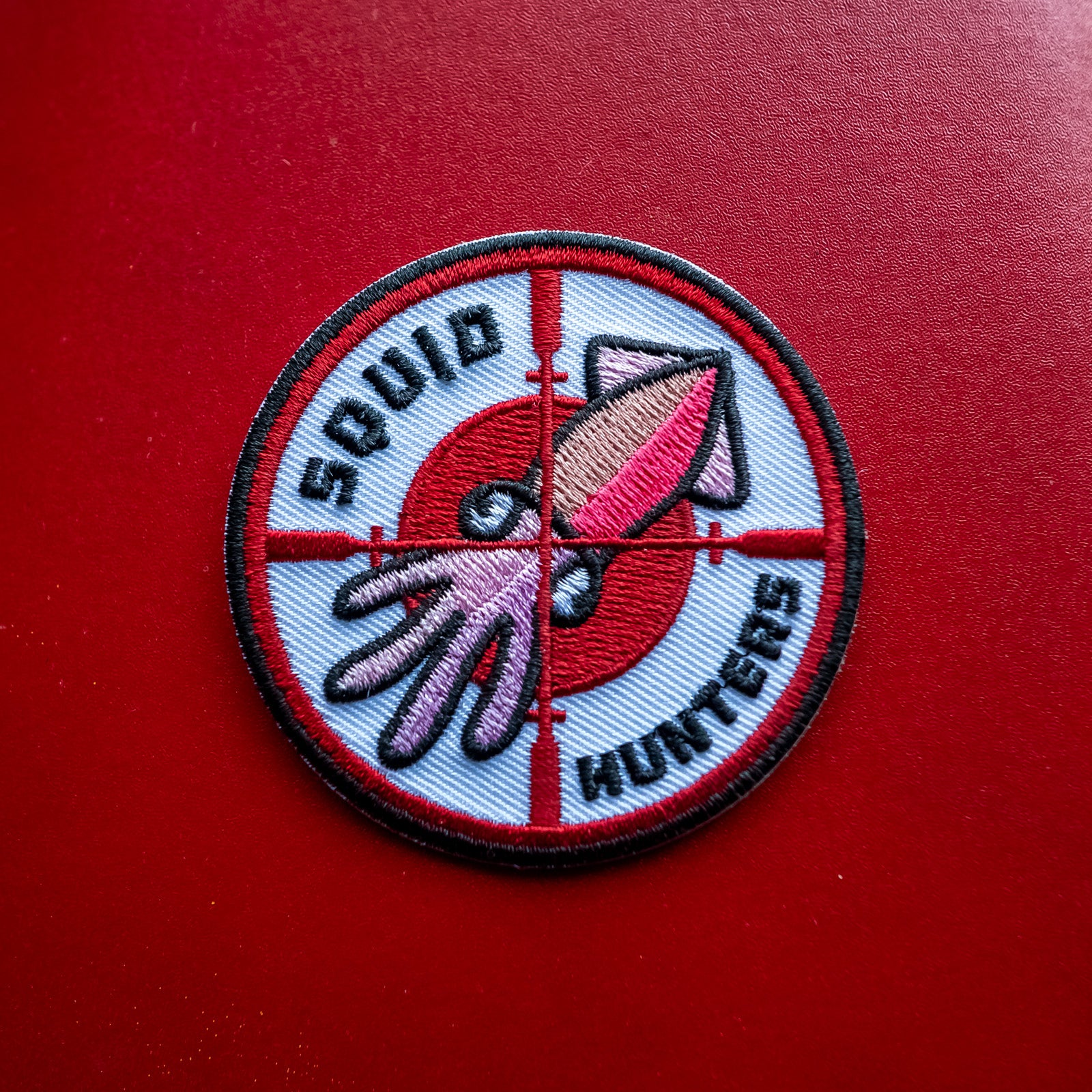 squid hunters round embroidered patch, squid hunters, skilled, group a, experienced riders, fast group, fast riders, motorcycle club, ride with friends, woodside california