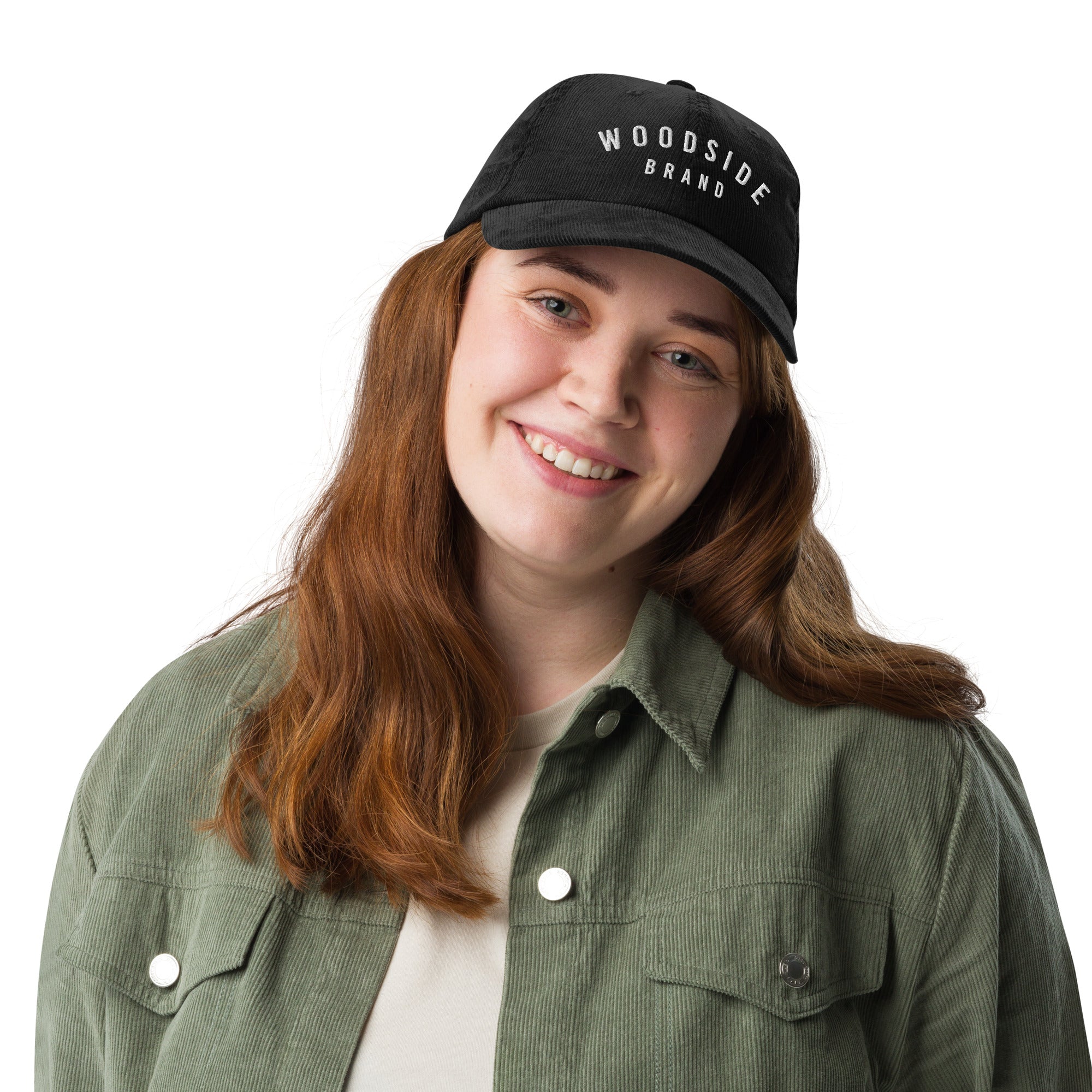 female model wearing a black vintage corduroy woodside brand hat