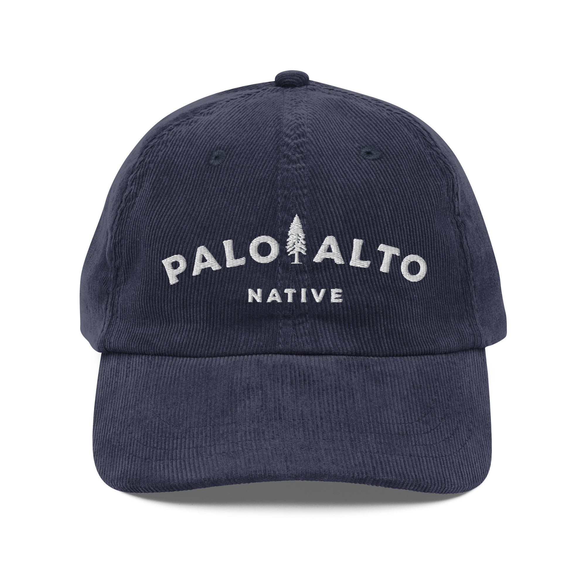 Front view of embroidered vintage corduroy palo alto native hat by crown moto