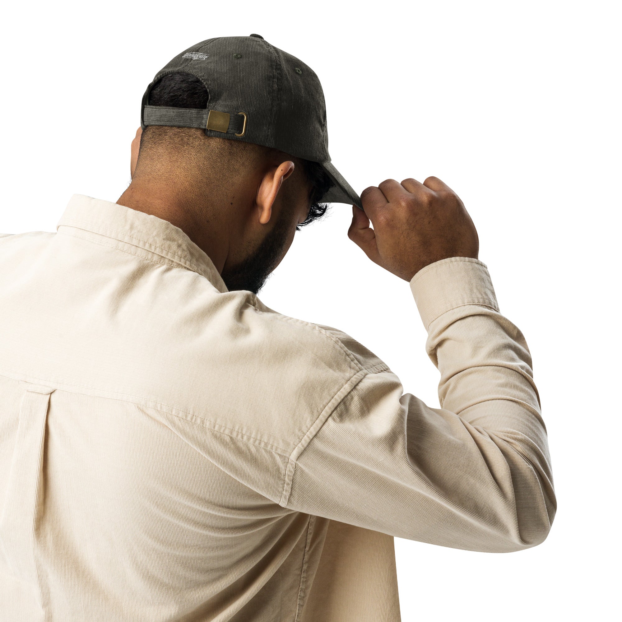 male model wearing a vintage corduroy woodside brand hat