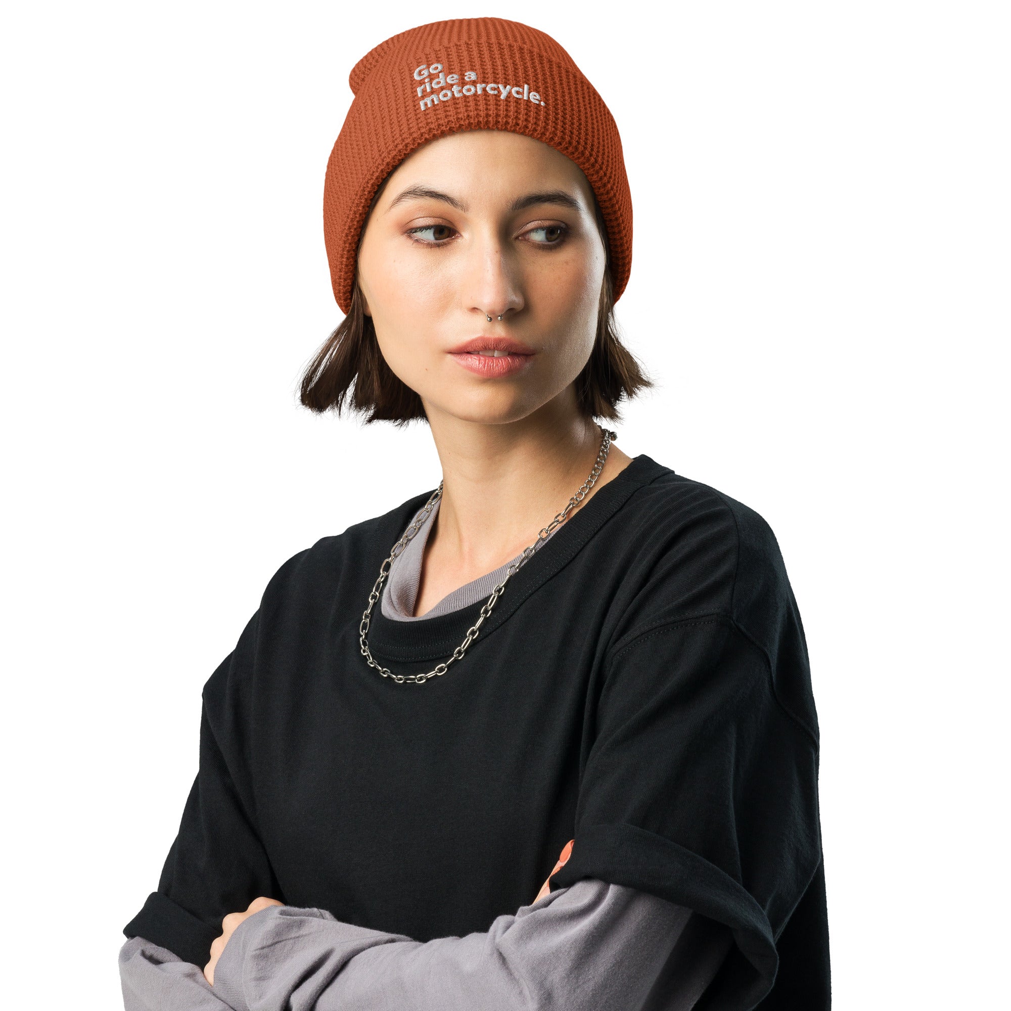 Woman wearing "Go ride a motorcycle" waffle knit embroidered beanie