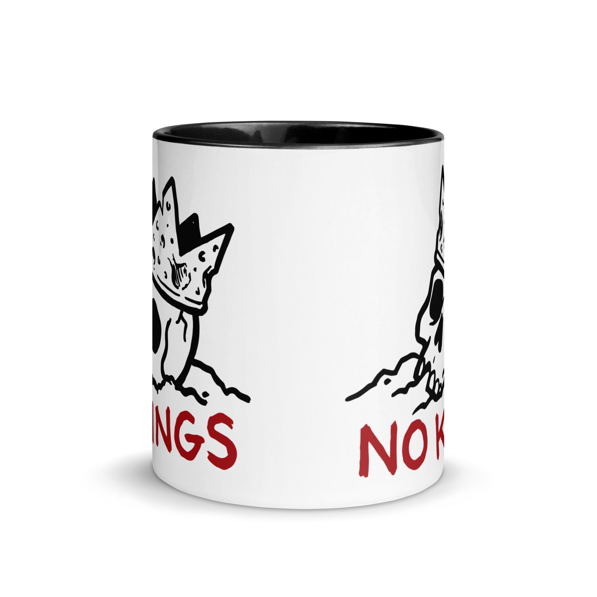 NO KINGS design on both sides of black and white coffee mug