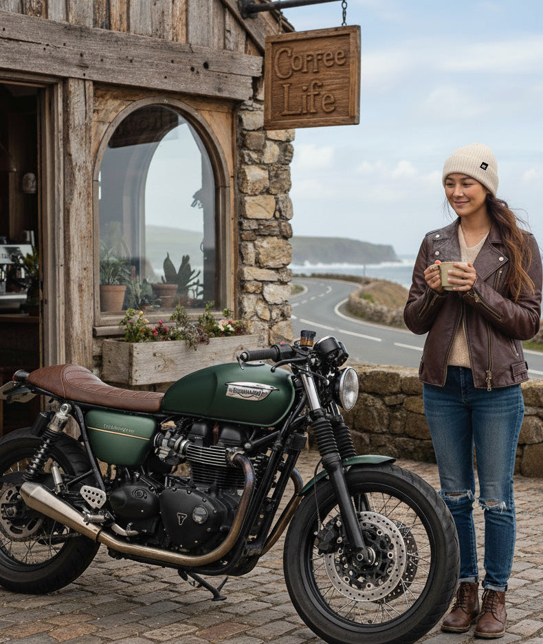 Woman wearing a Crown Moto branded cashmere beanie standing next to a green motorcycle in front of a coffee shop with a scenic coastal background.