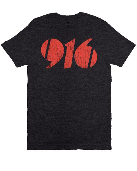 Original take on Ducati 916 emblem in distressed red ink with vintage look on chest of short sleeve t-shirt