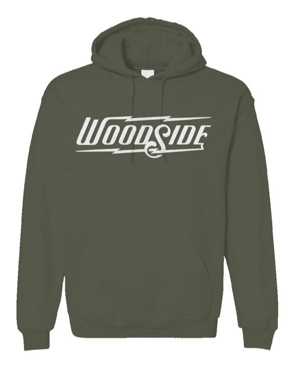 Woodside Brand logo in white on chest of Unisex Gildan Hoodie