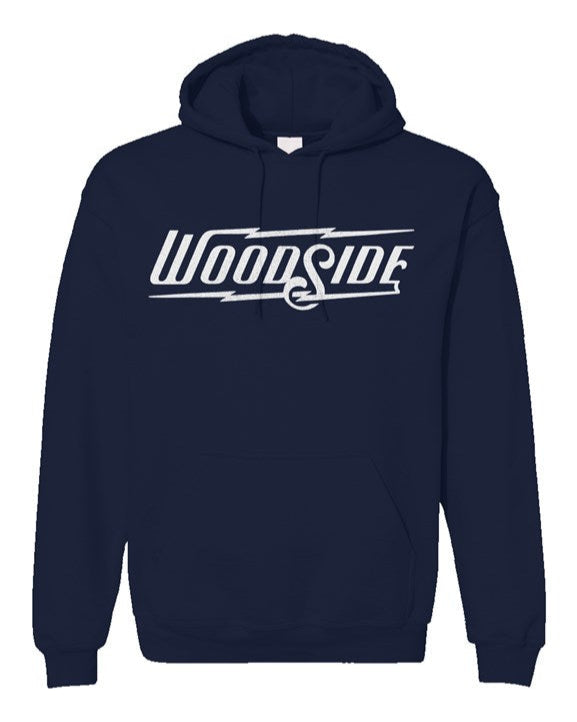 Woodside Brand logo in white on chest of Unisex Gildan Hoodie
