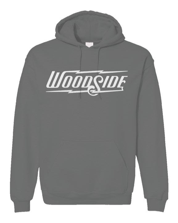 Woodside Brand logo in white on chest of Unisex Gildan Hoodie