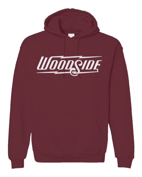 Woodside Brand logo in white on chest of Unisex Gildan Hoodie