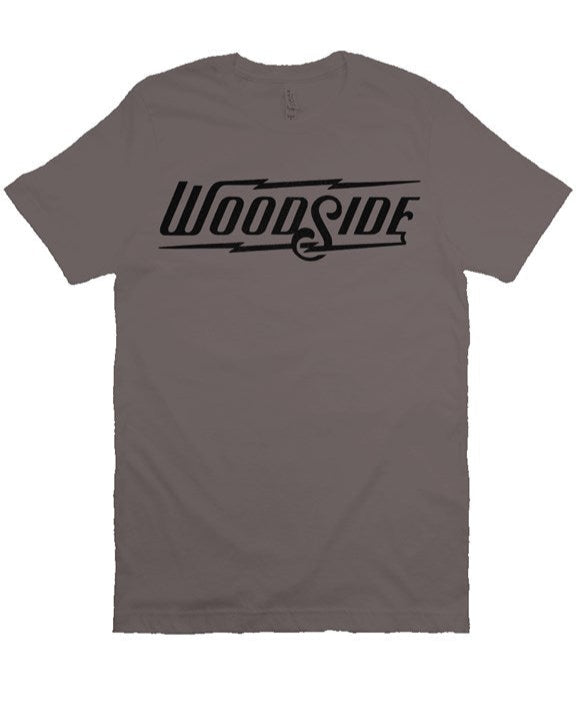 Woodside Brand logo in vintage black ink on chest of unisex short sleeve t-shirt