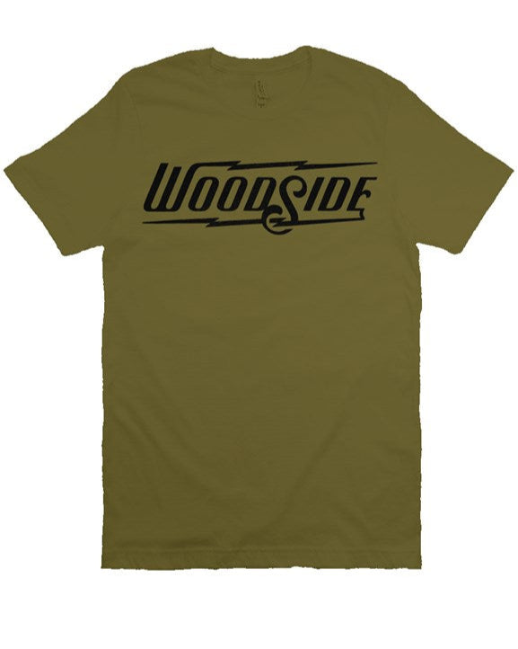 Woodside Brand logo in vintage black ink on chest of unisex short sleeve t-shirt