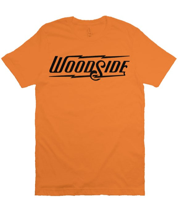 Woodside Brand logo in vintage black ink on chest of unisex short sleeve t-shirt