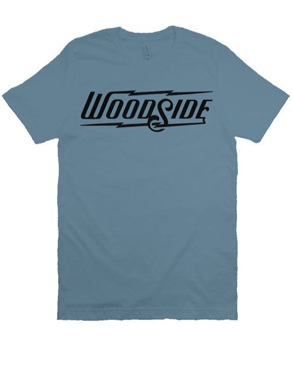 Woodside Brand logo in vintage black ink on chest of unisex short sleeve t-shirt