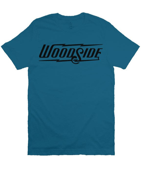 Woodside Brand logo in vintage black ink on chest of unisex short sleeve t-shirt