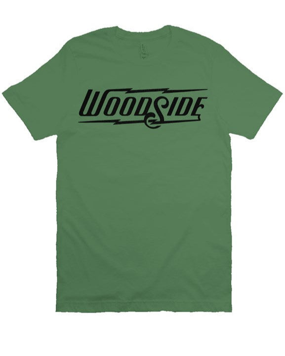 Woodside Brand logo in vintage black ink on chest of unisex short sleeve t-shirt