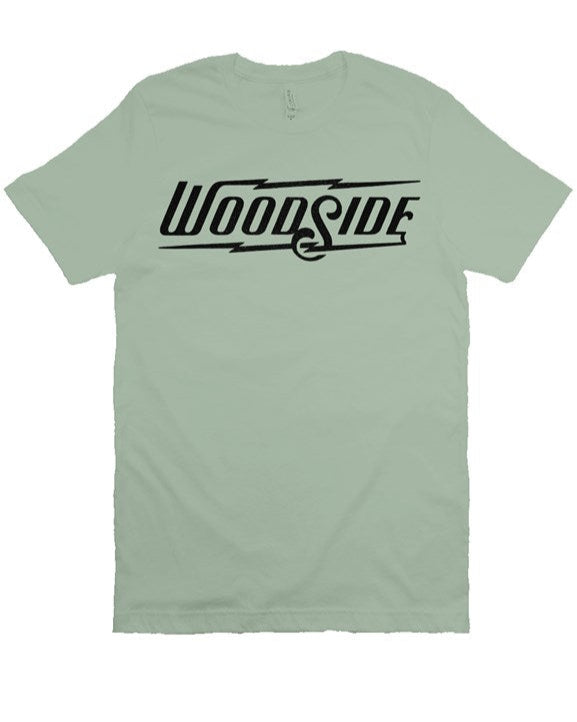 Woodside Brand logo in vintage black ink on chest of unisex short sleeve t-shirt