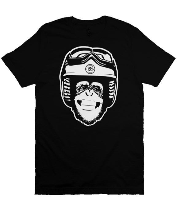 Original Moto Monkey design printed in white ink on chest of premium unisex short sleeve t-shirt