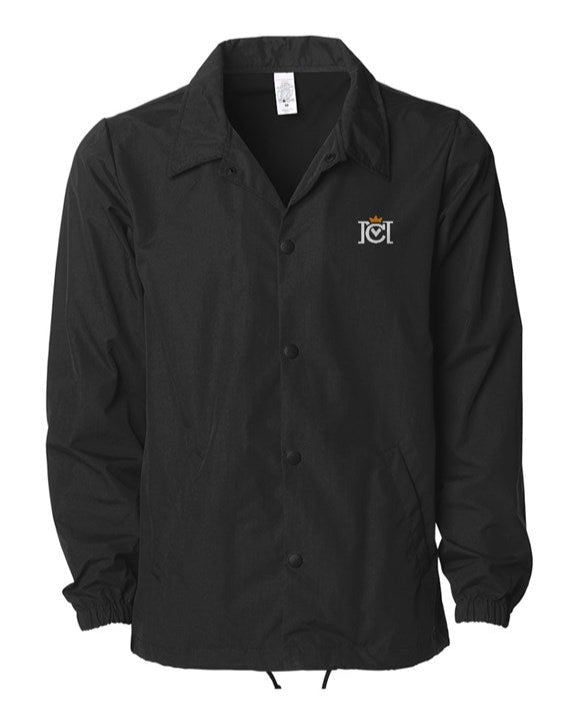 Trademarked Crown Moto logo embroidered on left chest of snap front Coach Jacket
