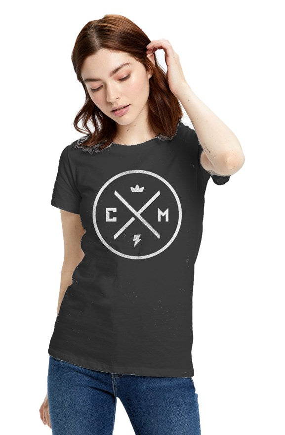 Crown Moto Legend design on chest of Ladies' Made in USA Short Sleeve Crew T-Shirt