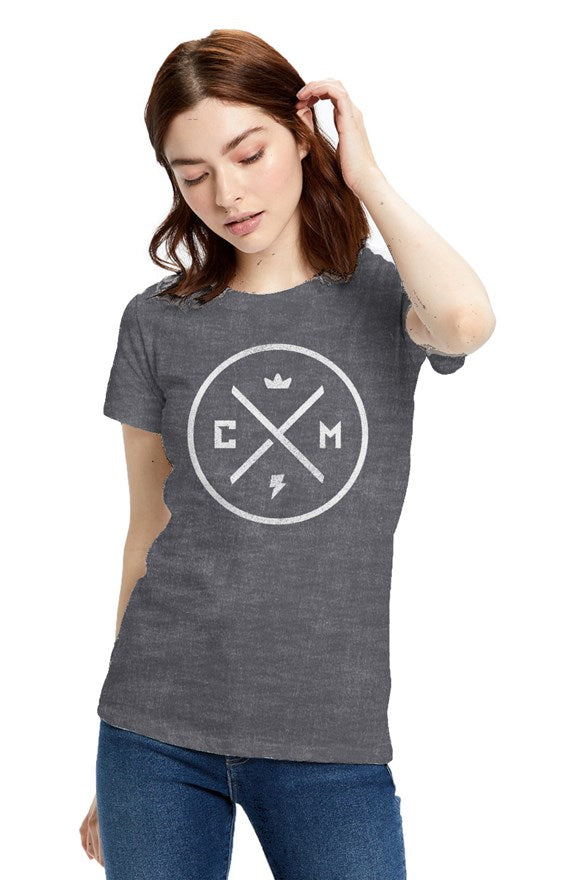 Crown Moto Legend design on chest of Ladies' Made in USA Short Sleeve Crew T-Shirt