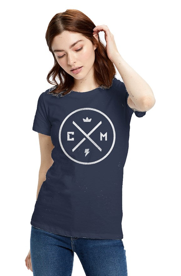 Crown Moto Legend design on chest of Ladies' Made in USA Short Sleeve Crew T-Shirt