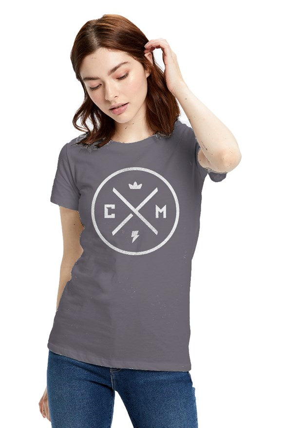 Crown Moto Legend design on chest of Ladies' Made in USA Short Sleeve Crew T-Shirt