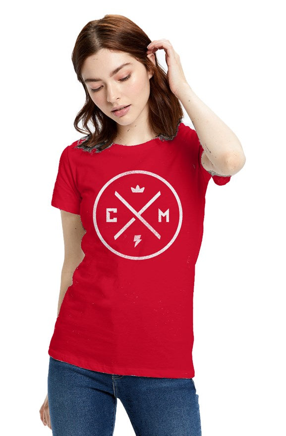 Crown Moto Legend design on chest of Ladies' Made in USA Short Sleeve Crew T-Shirt