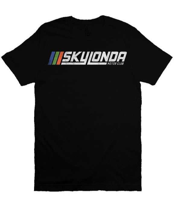 Sky Londa Motor Club Rally logo printed with vintage look on chest of premium short sleeve shirt