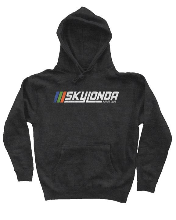 Sky Londa Motor Club Rally logo printed with vintage look on chest of premium hooded sweatshirt