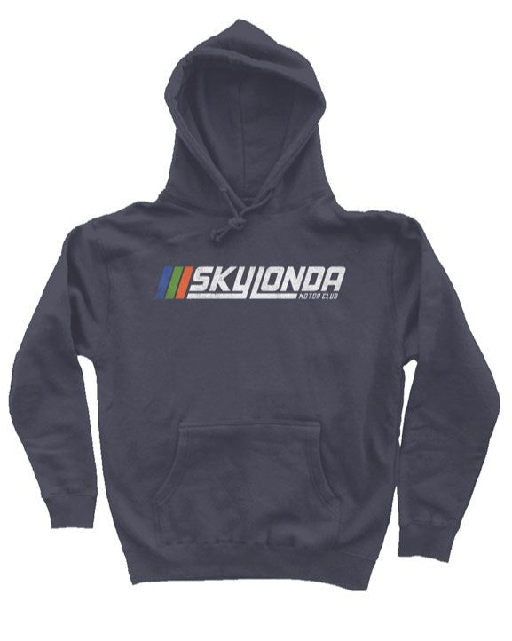 Sky Londa Motor Club Rally logo printed with vintage look on chest of premium hooded sweatshirt