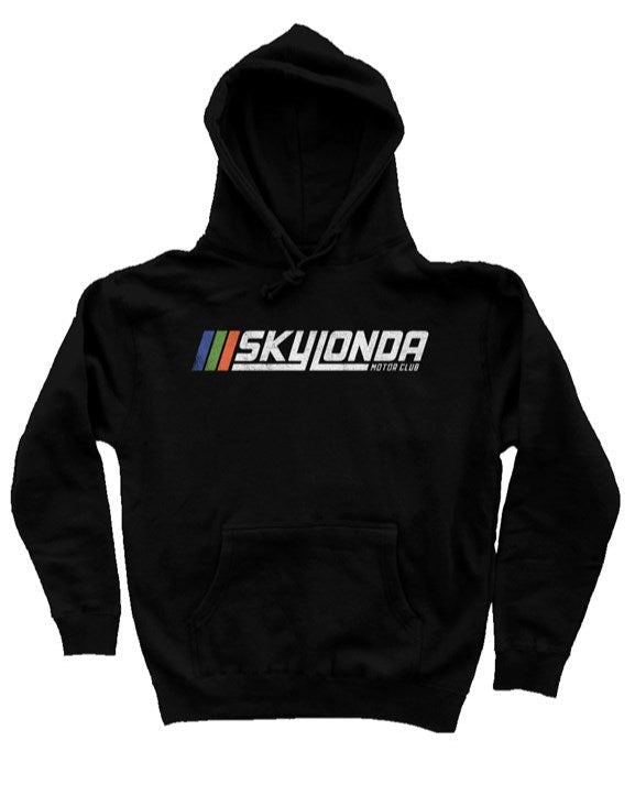 Sky Londa Motor Club Rally logo printed with vintage look on chest of premium hooded sweatshirt