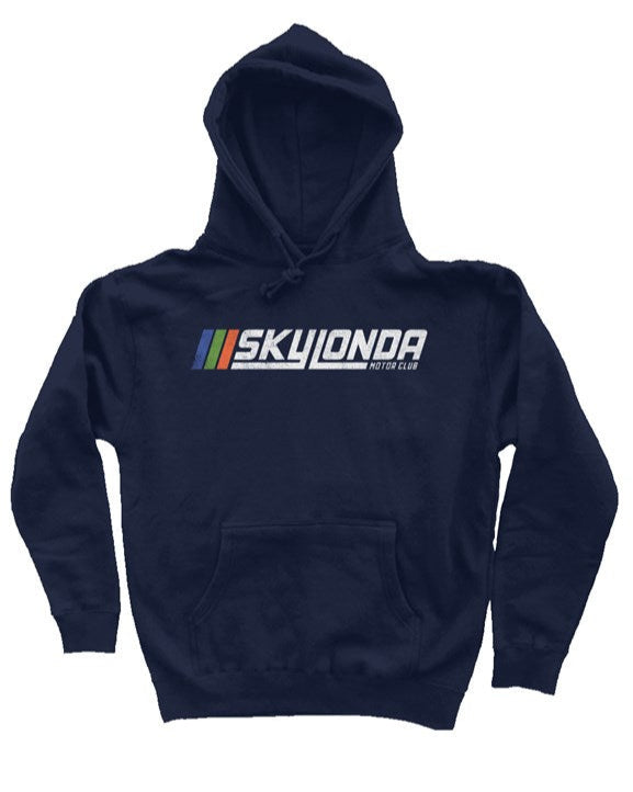 Sky Londa Motor Club Rally logo printed with vintage look on chest of premium hooded sweatshirt