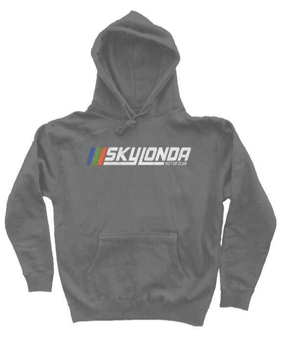 Sky Londa Motor Club Rally logo printed with vintage look on chest of premium hooded sweatshirt