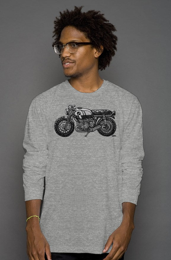 vintage bmw motorcycle drawing by henri on the chest of unisex long sleeve shirt